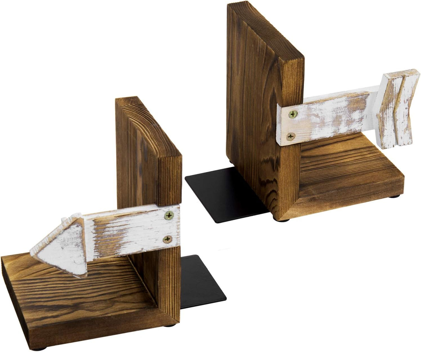 MyGift Farmhouse Bookends, Rustic Book Ends Kitchen, Tabletop Boho Bookend Support Stands, Whitewashed Arrow Design and Burnt Dark Brown Wood