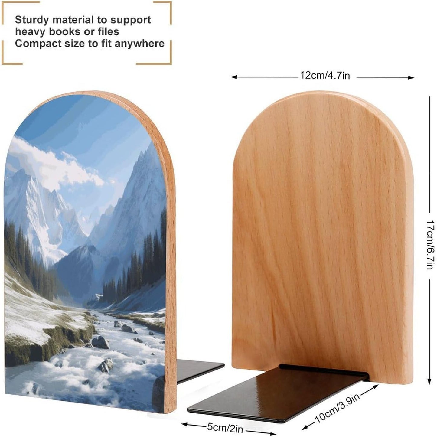 Snowy Mountains Bookend for Shelves Wooden Book End Large Size Sturdy Book Holders Stoppers with Metal Base for Bookshelves Slick Decorative Bookends Stands