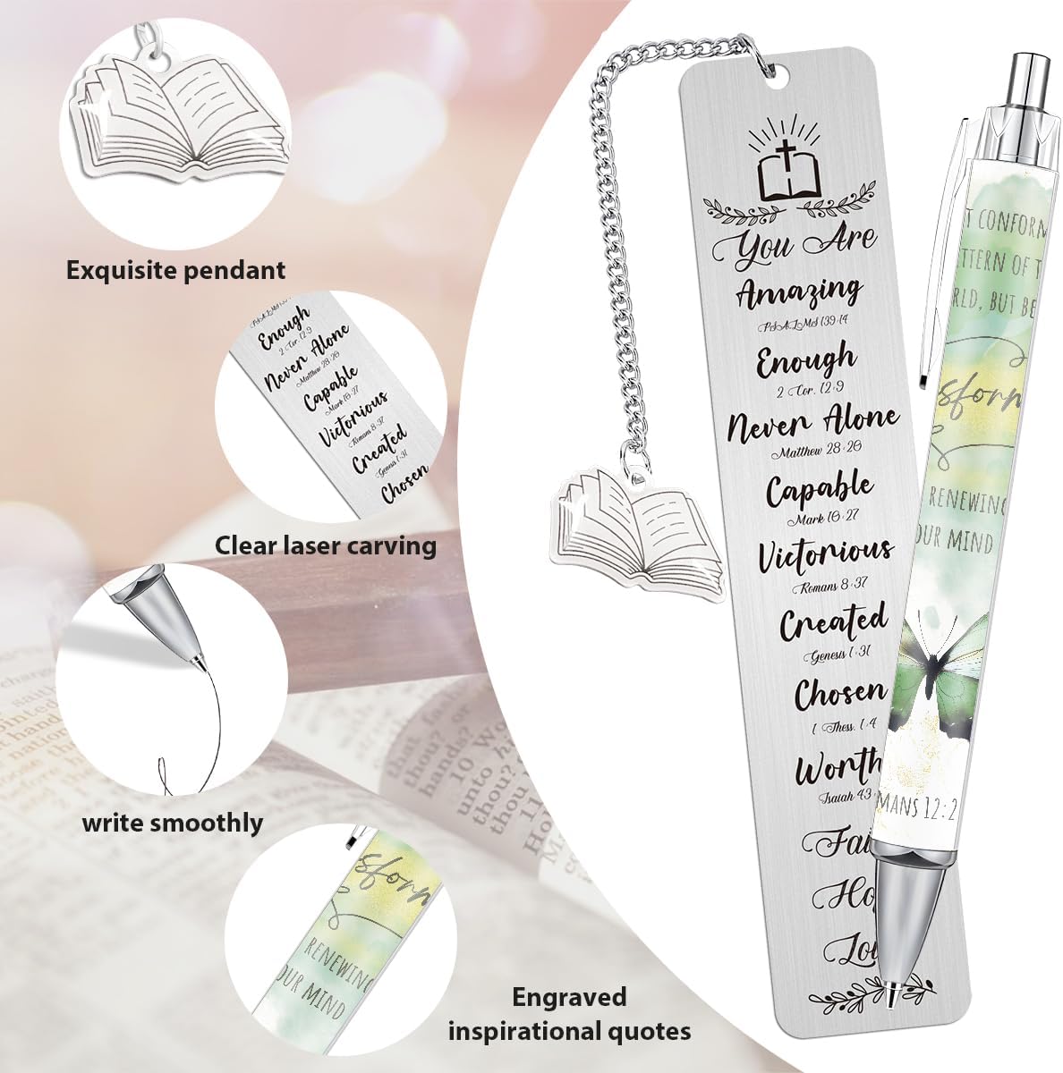 Bible Bookmark and Pen Gift Set with NFC – Inspirational Metal Bookmark with Scripture Verses, Engraved Ballpoint Pen, Gift Box, Christian Gift for Women Men Teachers Colleagues Friends