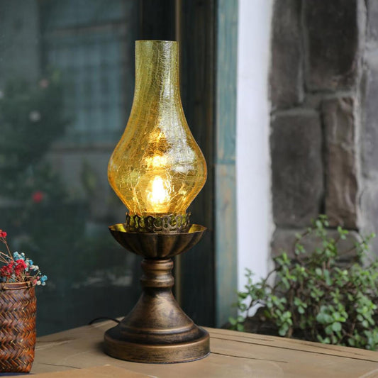Medieval Vintage Antique Bedside Hurricane Table Lamp，Victorian Retro Amber Glass Lanterns Desk Lamp-Brown Antique Copper