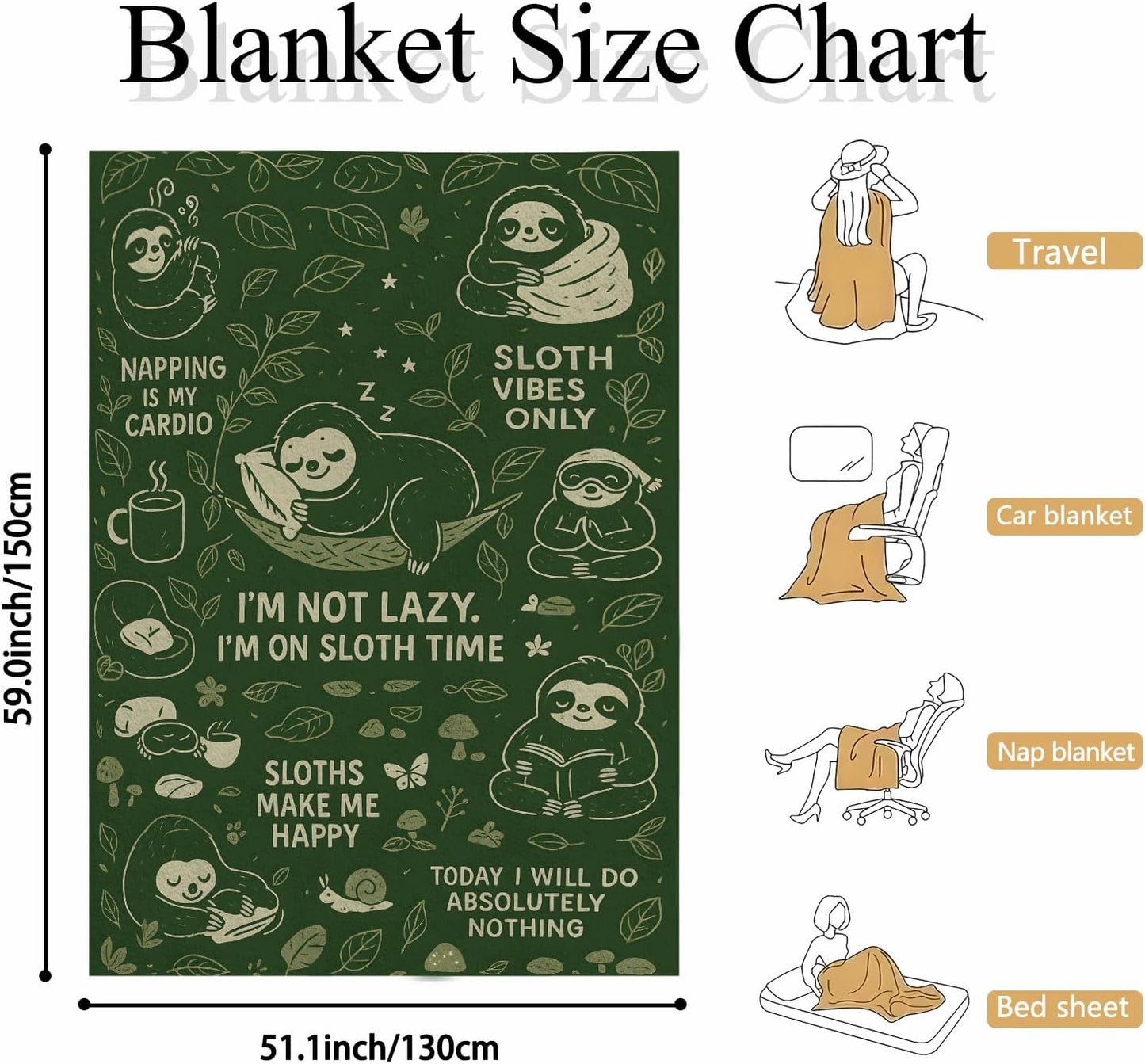Sloth Throw Blanket 60x50 - Cozy Polyester Flannel Fleece, Forest Green Cartoon Design, Soft Lightweight Couch/Bed/Dorm Throw, Cute Animal Gift for Sloth Lovers, Kids Teens Adults