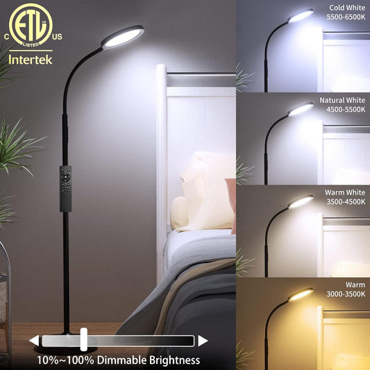 luckystyle Floor Lamp,Super Bright Dimmable LED Lamps for Living Room, Custom Color Temperature Standing Lamp with Remote Push Button, Adjustable Gooseneck Reading Floor Lamp for Bedroom Office Black