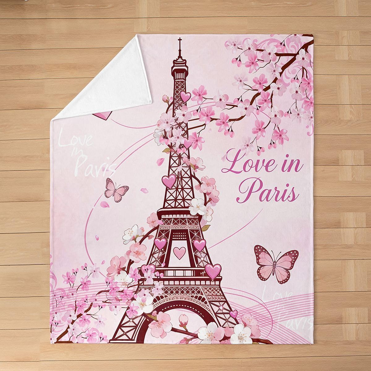 Feelyou Paris Flannel Fleece Throw Blanket,All Season Eiffel Tower Bed Blanket Cherry Blossoms Fuzzy Blanket for Bed Sofa Couch,Bedroom Decor Paris Decor Pink Plush Blanket Baby 30"x40"