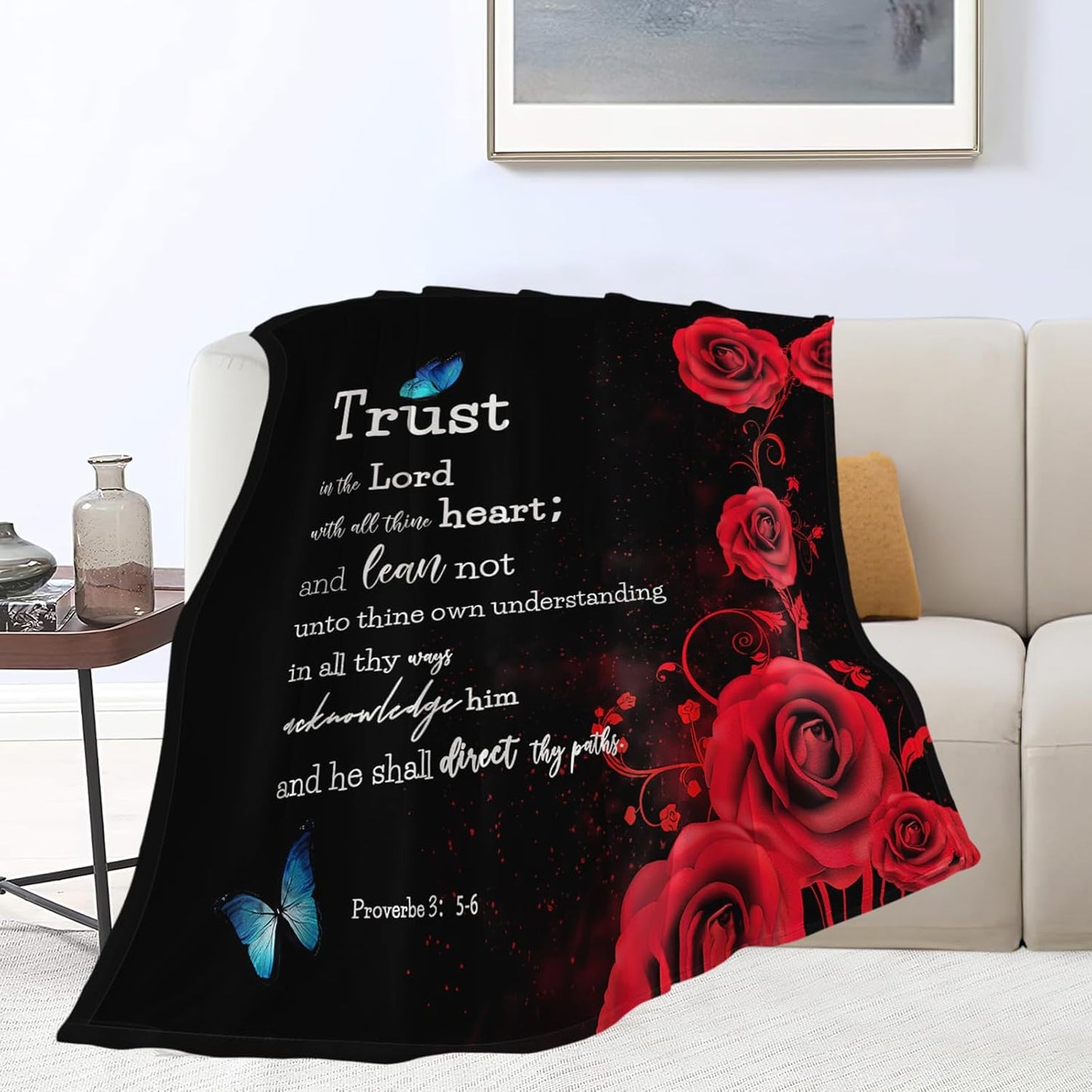 Christian Bible Verse Blanket Red Rose Inspirational Scripture Throw Blanket Religious Spiritual Gifts for Girls Boys Kids Adults Women Men Soft Cozy Plush Fuzzy Fleece Blanket Decor 40''X50''