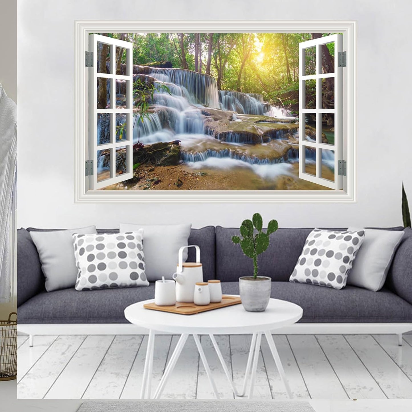 Fake Window Wall Mural Sticker Forest Tree Jungle Waterfall Faux Window Poster Decal Picture Open Wall Art Decor, Stick and Peel Landscape Natural Scenery Scene（48"x32",Set of 2 Sheets）