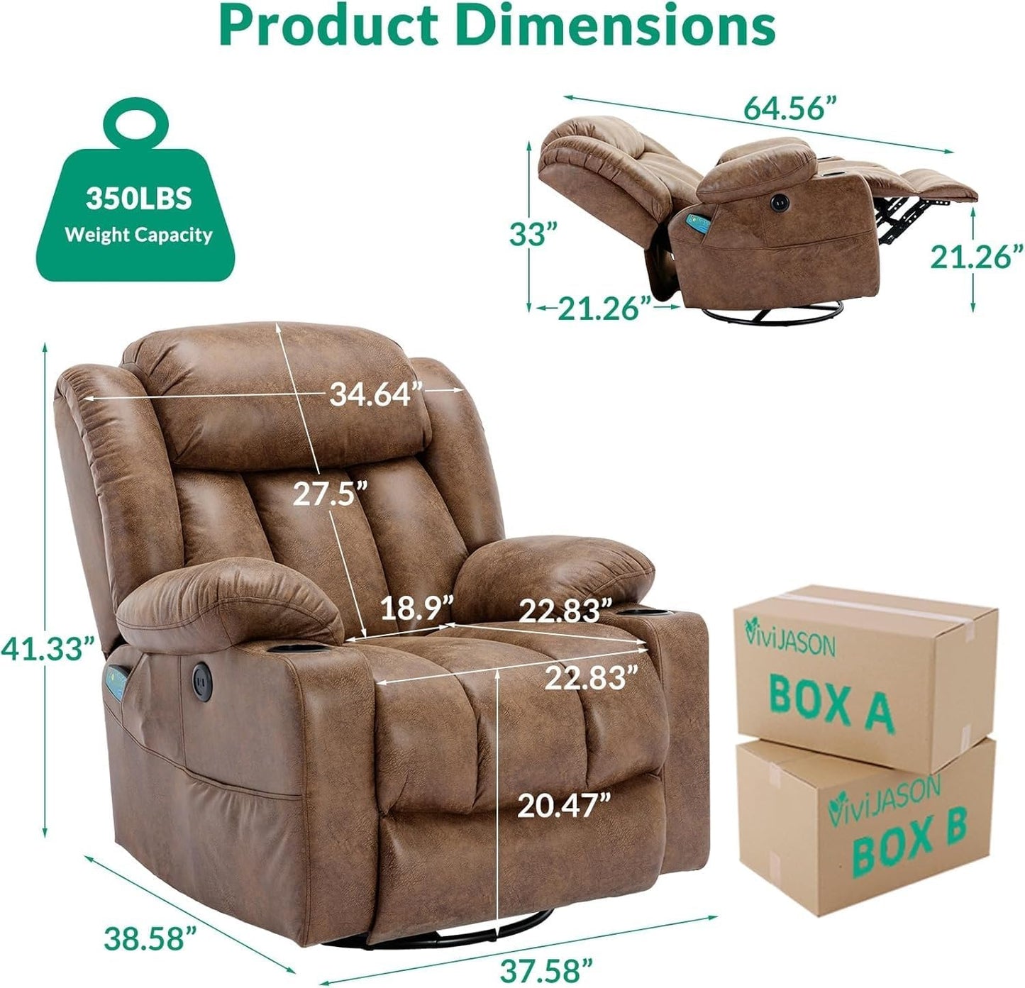 Power Recliner Chair with Heat and Massage, 360 Degree Swivel Rocking Glider Recliner for Living Room, Recliner with 2 Cup Holders, USB Ports & Side Pockets for Adults