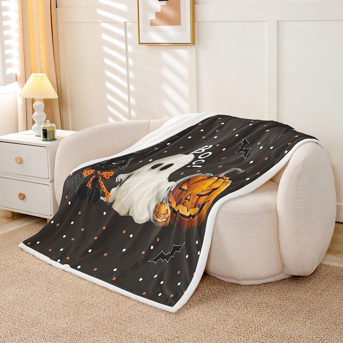 Manfei Cute Ghost Throw Blanket Pumpkin Lantern Cat Print Bed Blanket for Kids Girls Room Decor, Halloween Theme Blanket for Couch Sofa, Soft and Breathable Fleece Blanket(30 x 40 Inches)