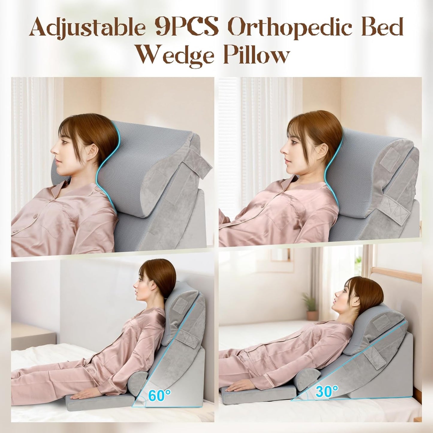 Redants 9PCS Orthopedic Bed Wedge Pillow Set, Wedge Pillow Set for After Surgery, for Sitting Up in Bed to Read, Watch TV, Use Laptop, Removable, Pain Relief from Back, Leg, and Neck Discomfort