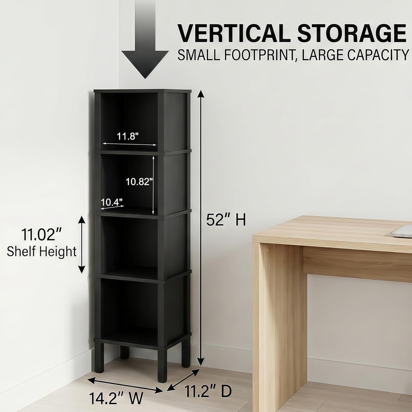 LAATOOREE 4-Tier Narrow Bookshelf for Small Spaces, Modern Cube Bookcase, Skinny Storage Shelving Unit, Open Display Rack, 14.2 x 11.2 x 52 inches, for Bedroom, Living Room, Home Office, Corner