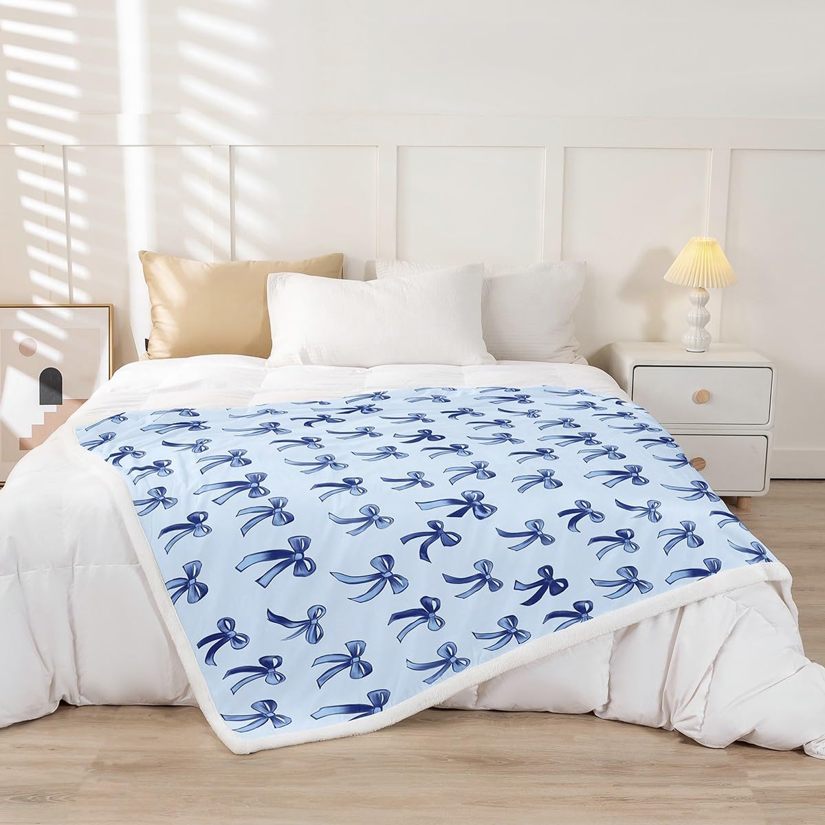 Erosebridal Bowknot Blanket Twin Size, Kawaii Simple Bows Microfiber Cozy Throw Blanket, Cute Cartoon Dreamy Printed Kids Teens Fleece Blanket for Sofa Bed, Baby Blue Ribbon Fluffy Sherpa Blanket