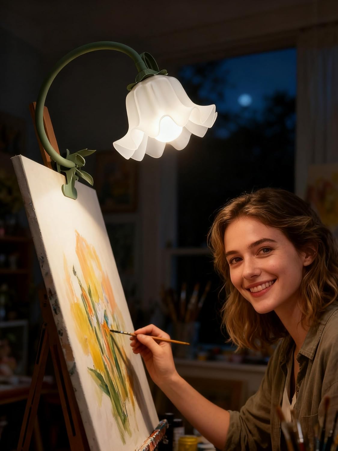Clip on Light Flower Desk Lamp, LED Reading Light 3 Color Modes Eye-Caring Book Light Flexible Gooseneck Bedside Clip on Lamp for Desk Piano Office Bed Headboard Dorm (Green Lamp)