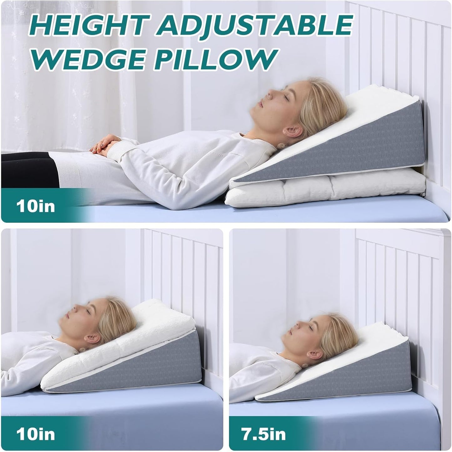 TANYOO Bed Wedge Pillow for Sleep Apnea 10 Inch Gerd Pillow Patent Dual Layer Triangle Pillow Adjustable Shredded Memory Foam Topper Soft Support Ideal for Acid Reflux, After Surgery, Snoring