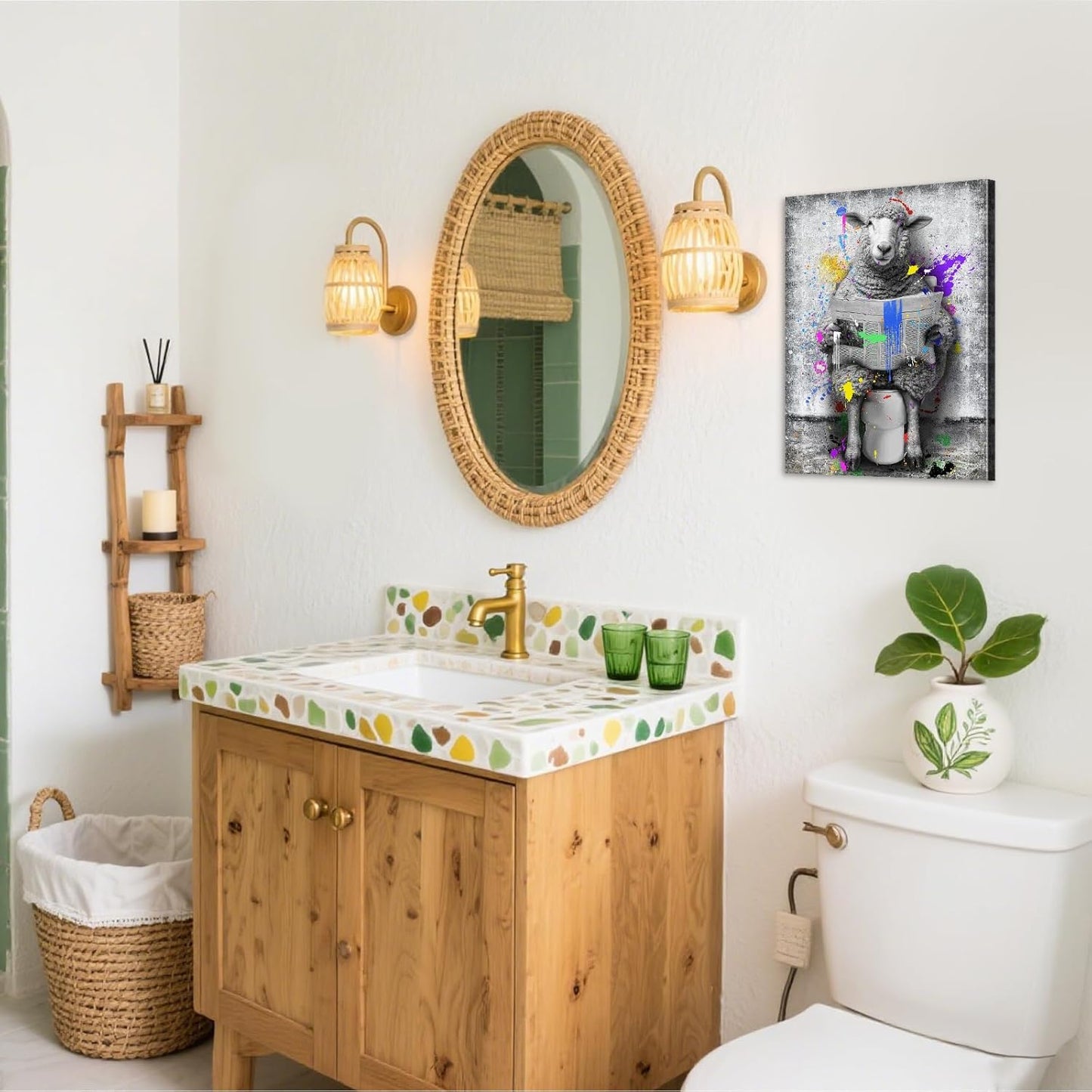 Bathroom Pictures Wall Decor - Lamb Sheep Reading Newspapers on Toilet Art Paintings with Inner Wooden Frame (12x16 Inches) - Funny Bathroom Wall Art Animal Posters - Lightweight Easy Hanging