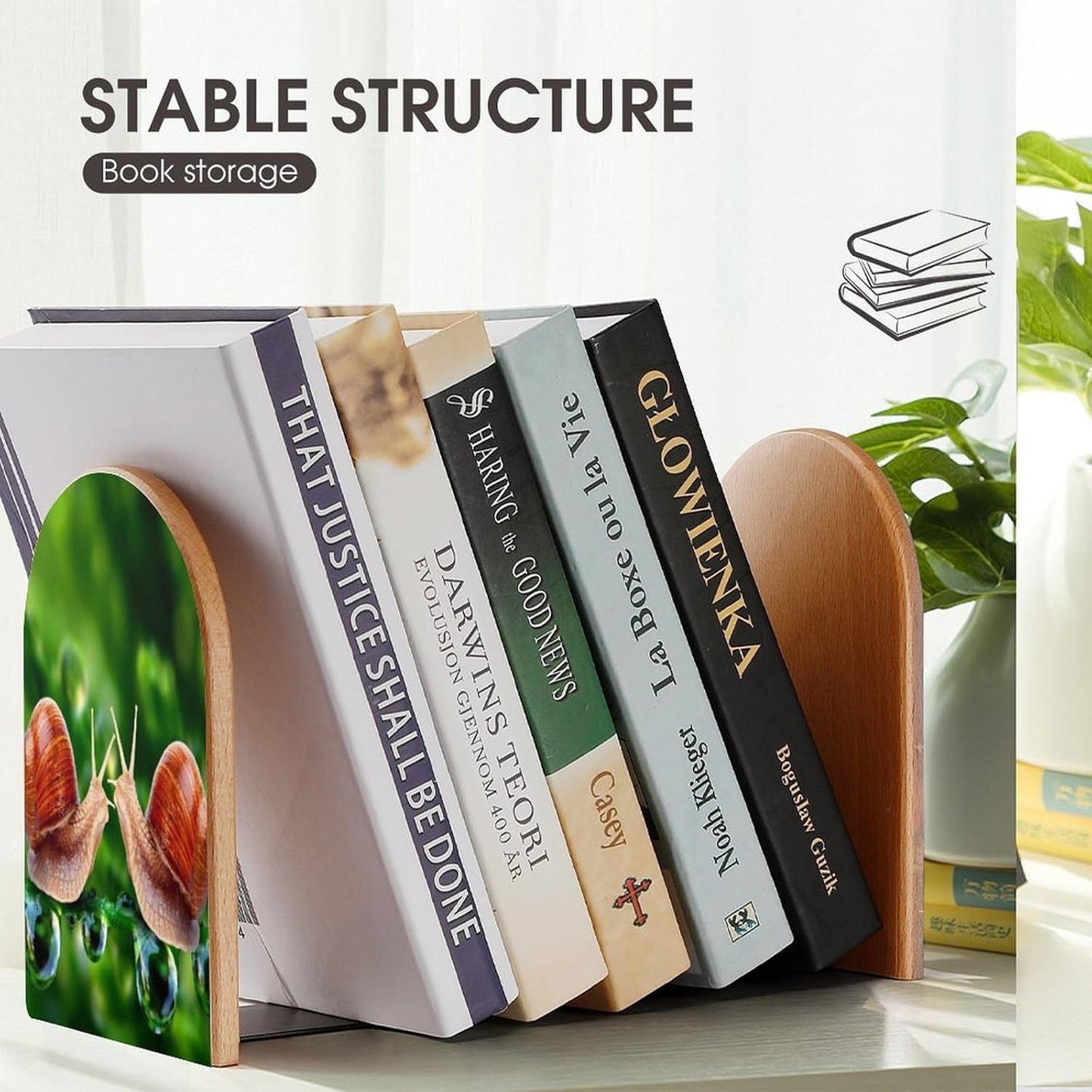 Wildlife Animal Snail Wooden Bookend Non-Slip Book Ends Heavy Duty Book Stopper with Metal Base Books Holderd Decorative Bookends Stands Firmly for Office Supplies
