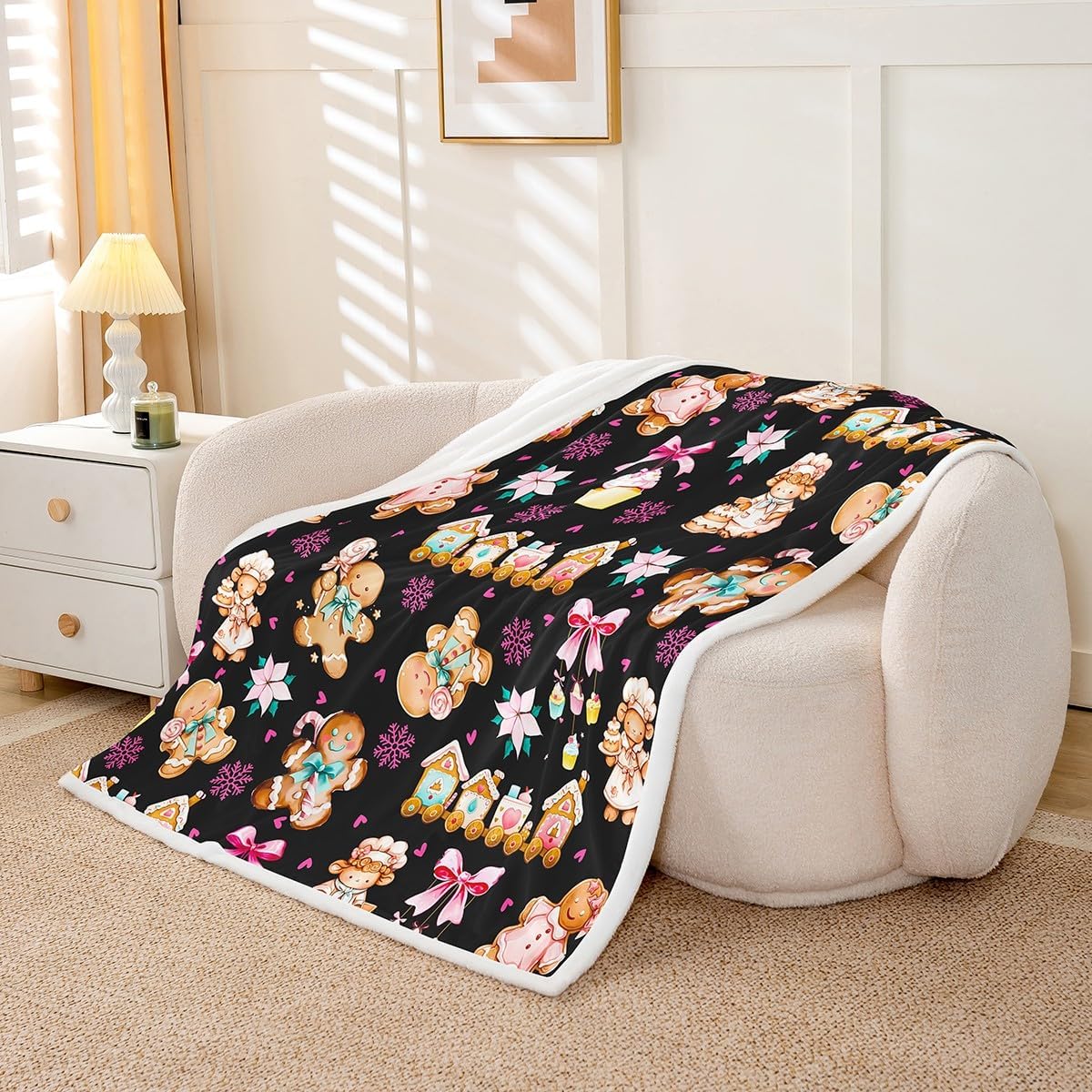 Feelyou Kids Black Bowknot Fleece Throw Blanket Cute Gingerbread Man Sherpa Blanket Throw 50"x60" for Bed Sofa Couch Room Decor Merry Christmas Dreamy Princess Plush Blanket Xmas Theme Fuzzy Blanket