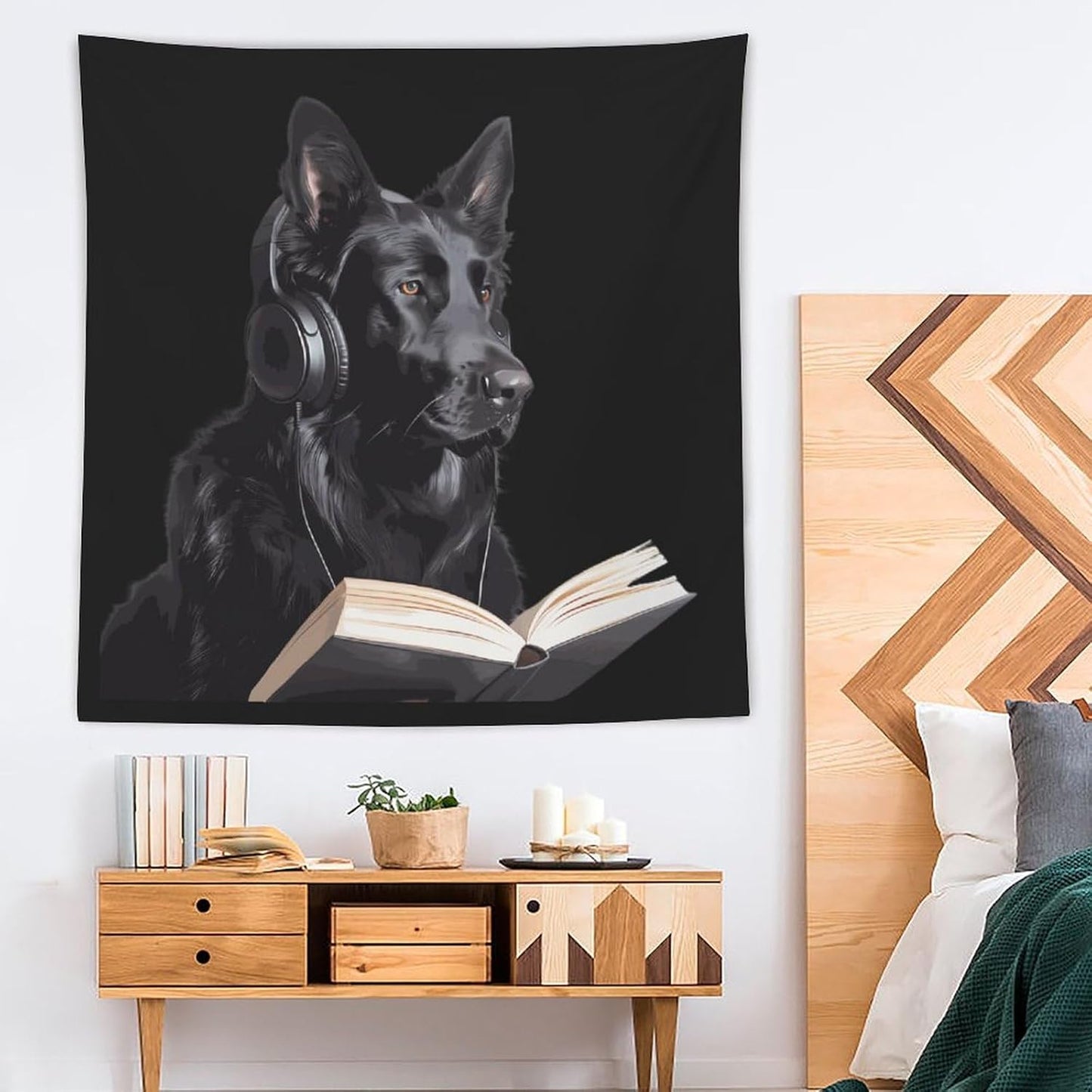 German Shepherd Wearing Headphones Reading Funny Tapestry Wall Hanging Aesthetic Blanket Room Decoration for Picnic Beach Mat