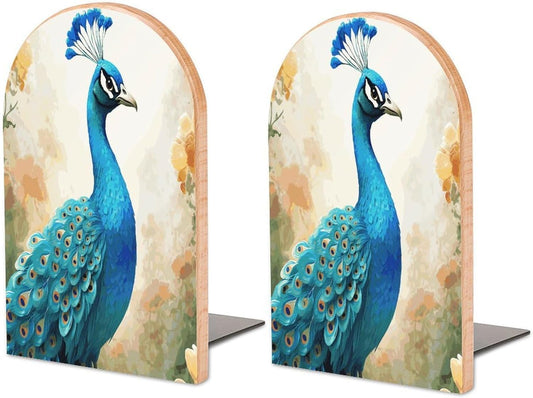 Non-Slip Bookend for Shelves Cartoon Blue Peacock Wooden Bookends with Metal Base Decorative Book Stopper for Home Heavy Duty Wood Book Storage for Books/CDs