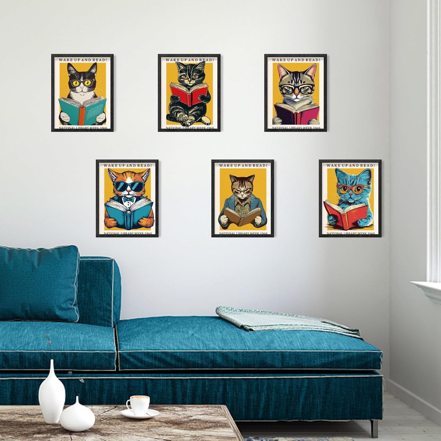 INFUNLY 9pcs Cat Reading Wall Art Prints Vintage Cool Cat Pictures Poster 8"×10" Reading Books Artwork Decor Unframed Canvas Poster Prints Aesthetic Wall Art for Bedroom Bookworm Library Home Decor