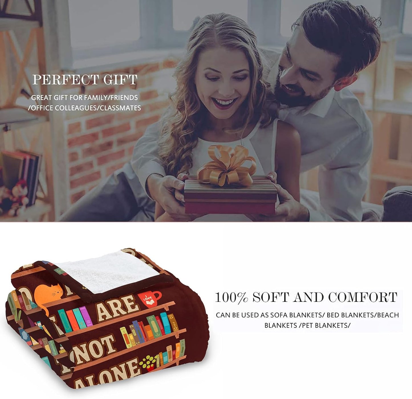 Decorative Reading Throw Blanket, Fuzzy Soft Cozy Flannel Blanket for Home Bed Sofa Couch, Motivational Bookshelf Design, 50x60 Inch