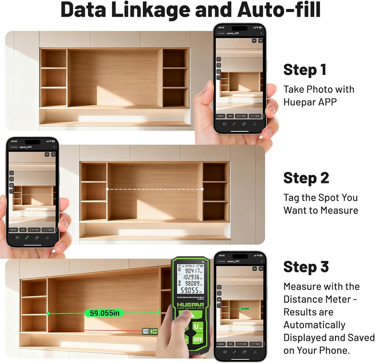 Laser Measuring Tool with Bluetooth APP, 200ft, ±1/16" High Accuracy, Huepar Rechargeable Green Beam Laser Distance Meter Multiple Measurement Modes, IP54 Durable for Home & Construction