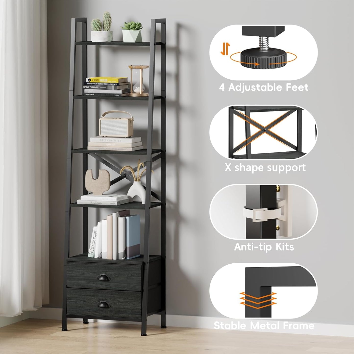 Furologee 5-Tier Ladder Shelf with 2 Drawers,Narrow Bookshelf Storage Shelves,Industrial Bookcase Freestanding Rack Units for Bedroom,Living Room,Bathroom,Home Office,Balcony,Wood Metal, Black Oak