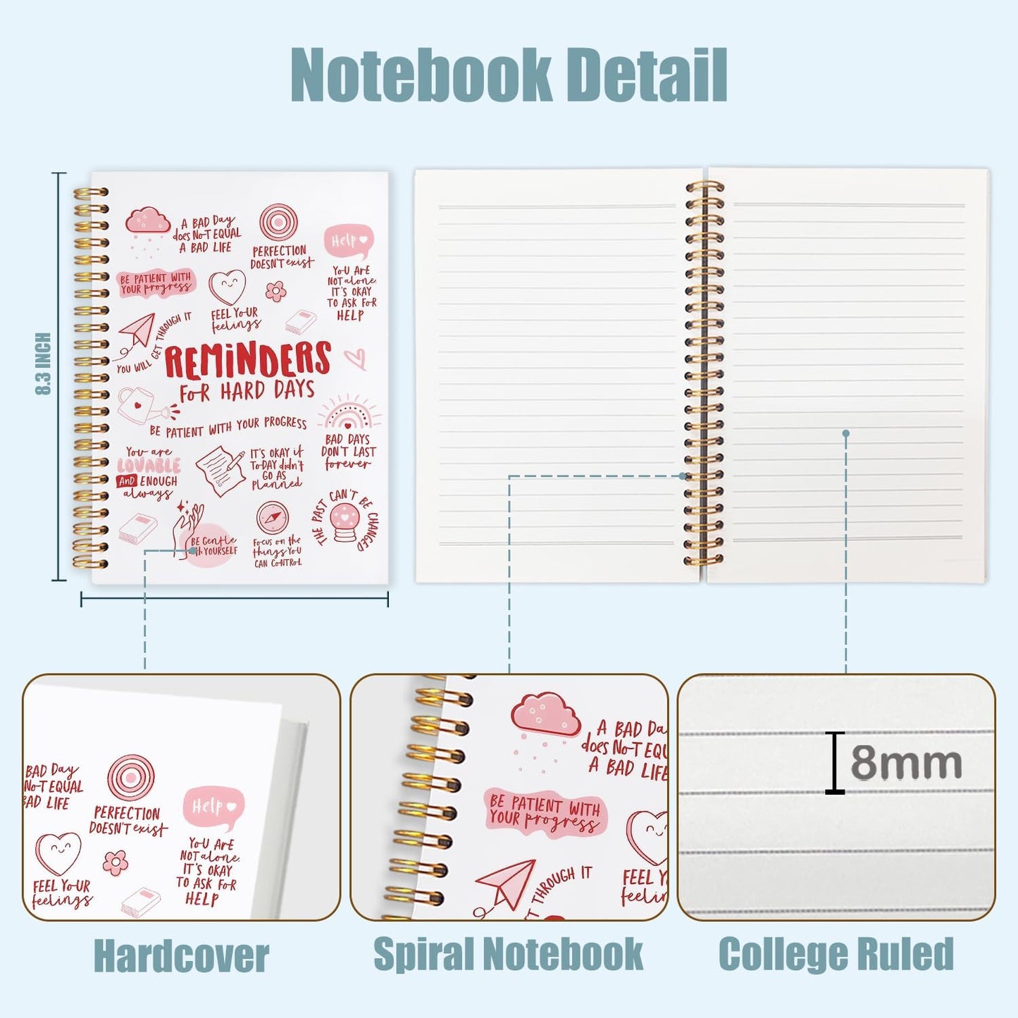Daily Affirmations Inspirational Notebook, Motivational Quote Journal, Reminders for Hard Days Positive Affirmation Preppy Pink Spiral Notebook Journal for Note Taking, 5.5x8.3 Inch
