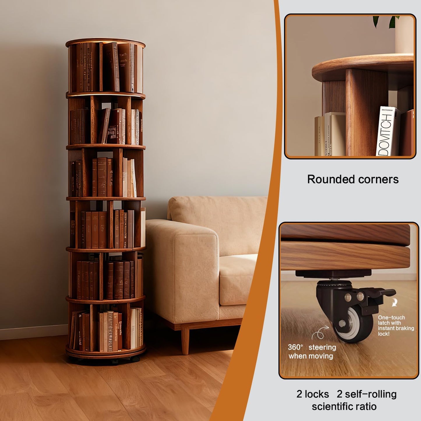 6-Tier Rubberwood Rotating Bookshelf, 360° Spinning Bookcase with Lockable Wheels, Space-Saving Freestanding Corner Storage Rack, Walnut Finish, 17.3"D×17.3"W×78.5"H for Living Room Office Bedroom