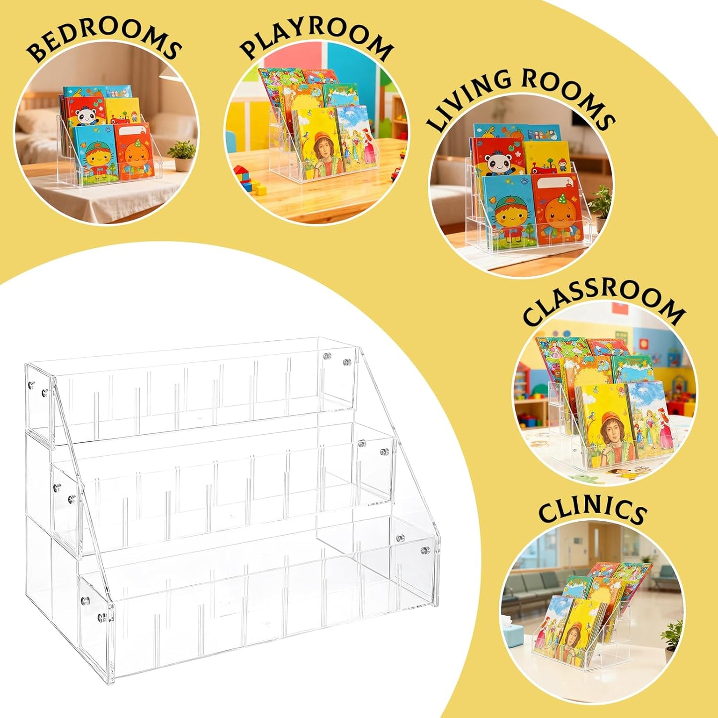 Small Bookshelf 3-Tier Clear Acrylic Book Display Organizer Front Facing Toddler Montessori Style Book Shelf Durable Bookcase for Nursery Room, Playroom, Classroom, and Reading Corner