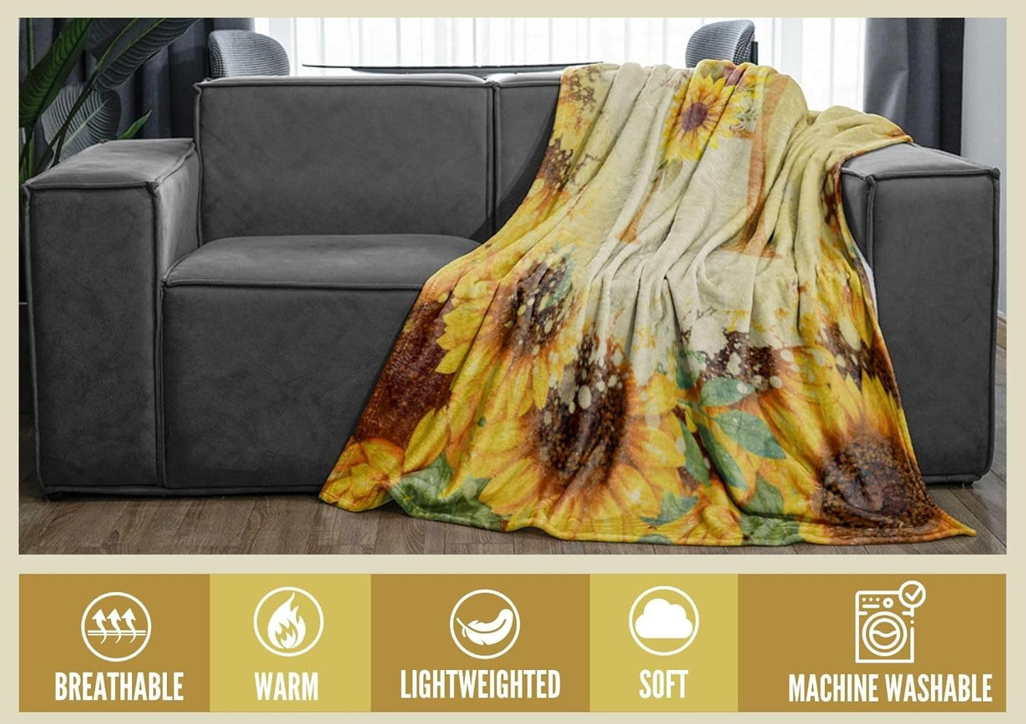 InnoBeta Sunflower Initial Birthday Gifts for Women, Gift Ideas for Her, for Mom, Grandma, Aunt- 300gsm Flannel Blanket- 50"x 65"-S