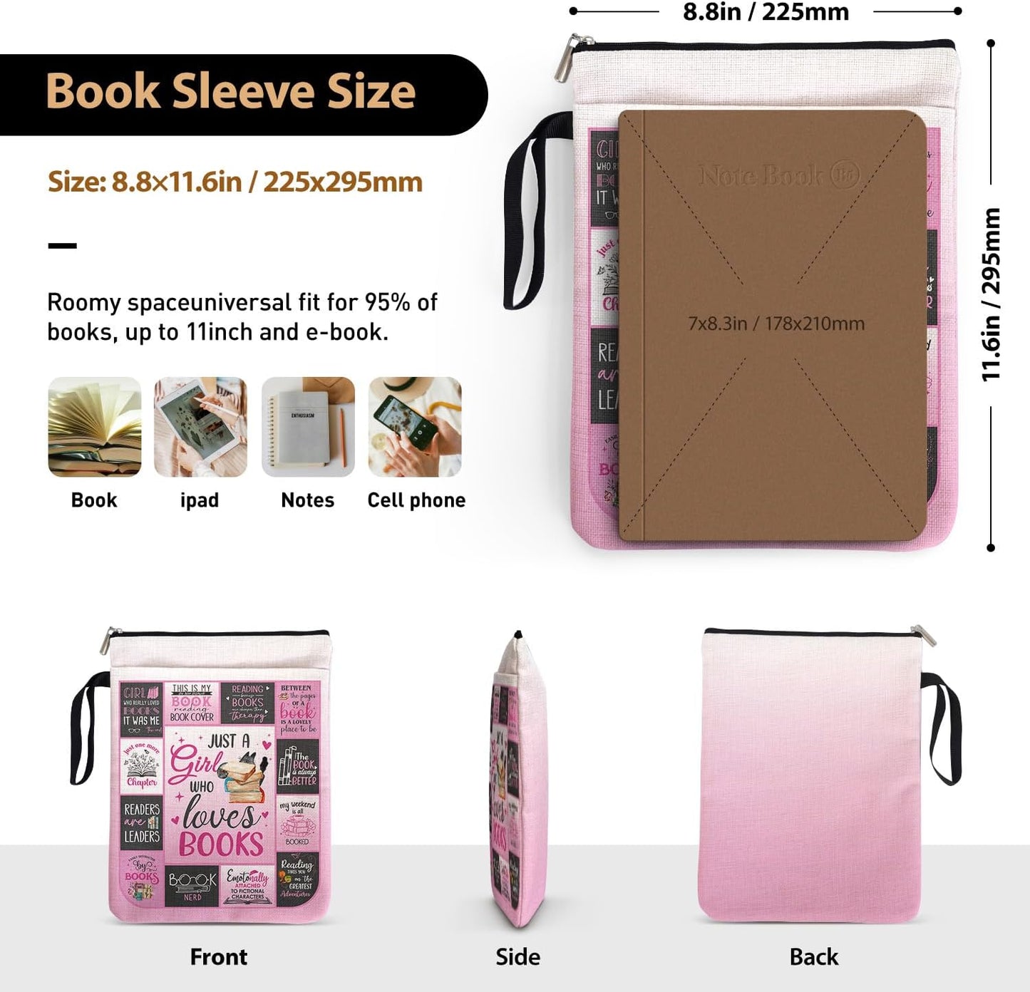 Just a Girl Who Loves Books - Book Lovers Book Cover Gifts for Librarian Teachers with Zipper & Front Pocket, Book Sleeve Gifts for Book Club Bookworm Women Birthday Graduation Reading Day