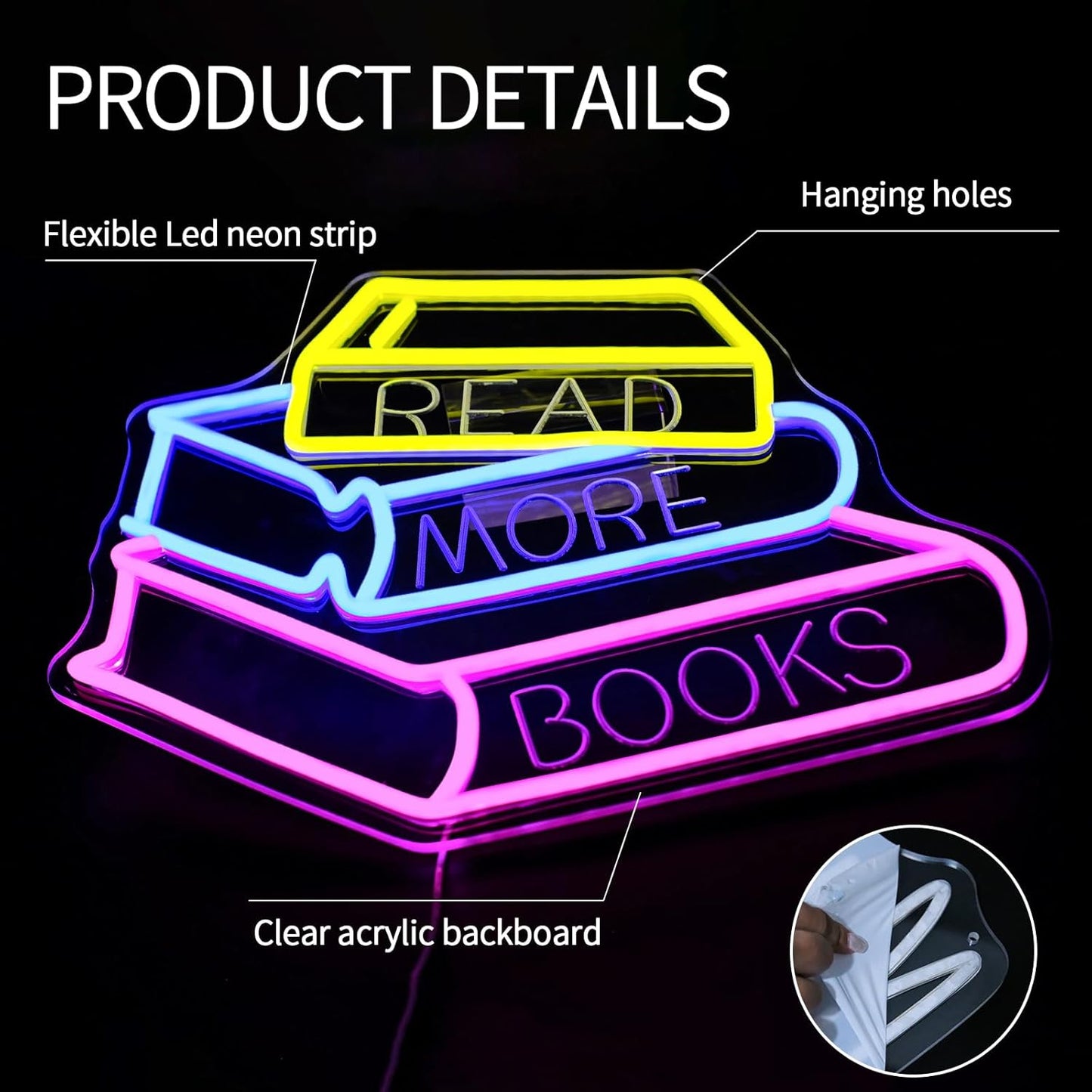 Read More Books Neon Sign for Wall Decor Dimmable Books Led Neon Lights Signs Book Lovers LED Signs for Bedroom Classroom Bookstore Library Club Reading Room Decoration Gifts for Readers