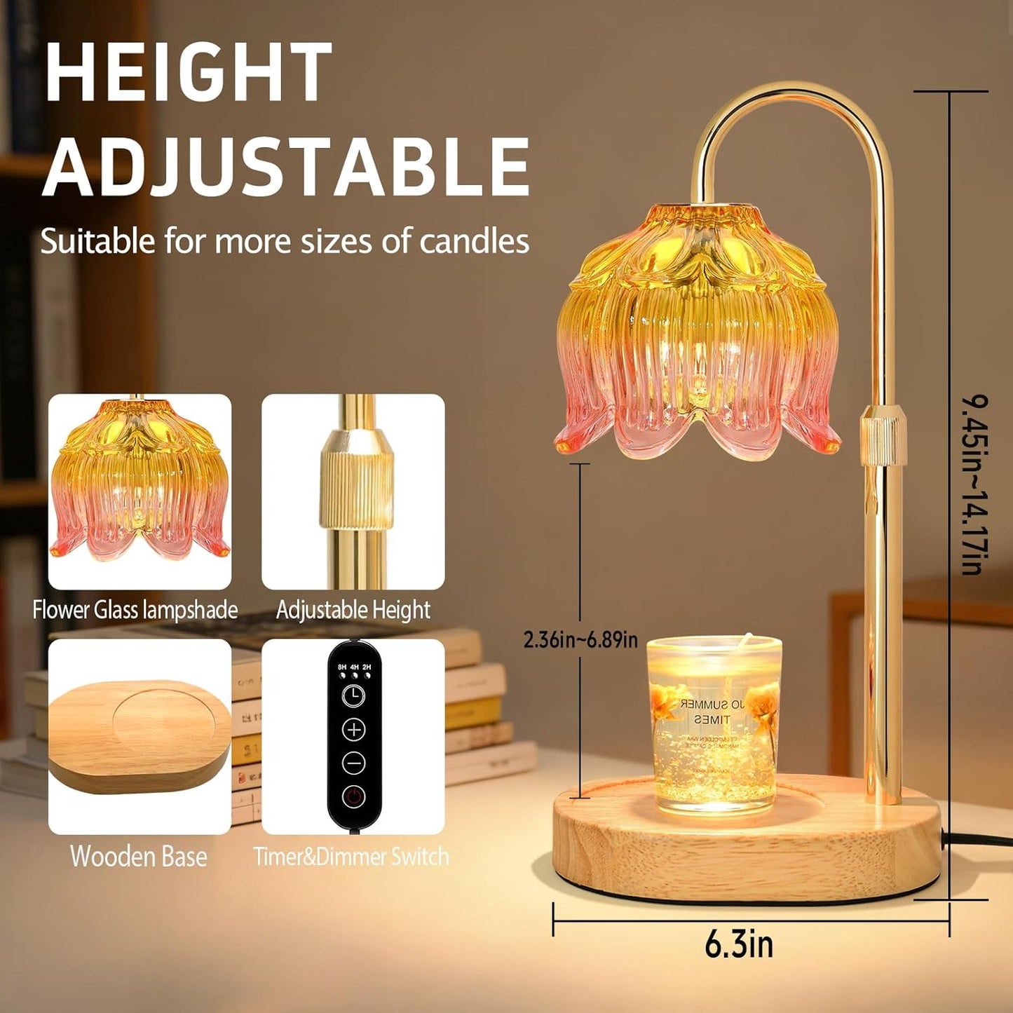 Flower Candle Warmer Lamp for Jar Candles with Timer & Dimmer, Adjustable Height Fits Large Jars up to 7.08" Tall, Flameless Wax Warmer, Cozy Bedroom Home Decor, Gift for Mom Women,Light Pink