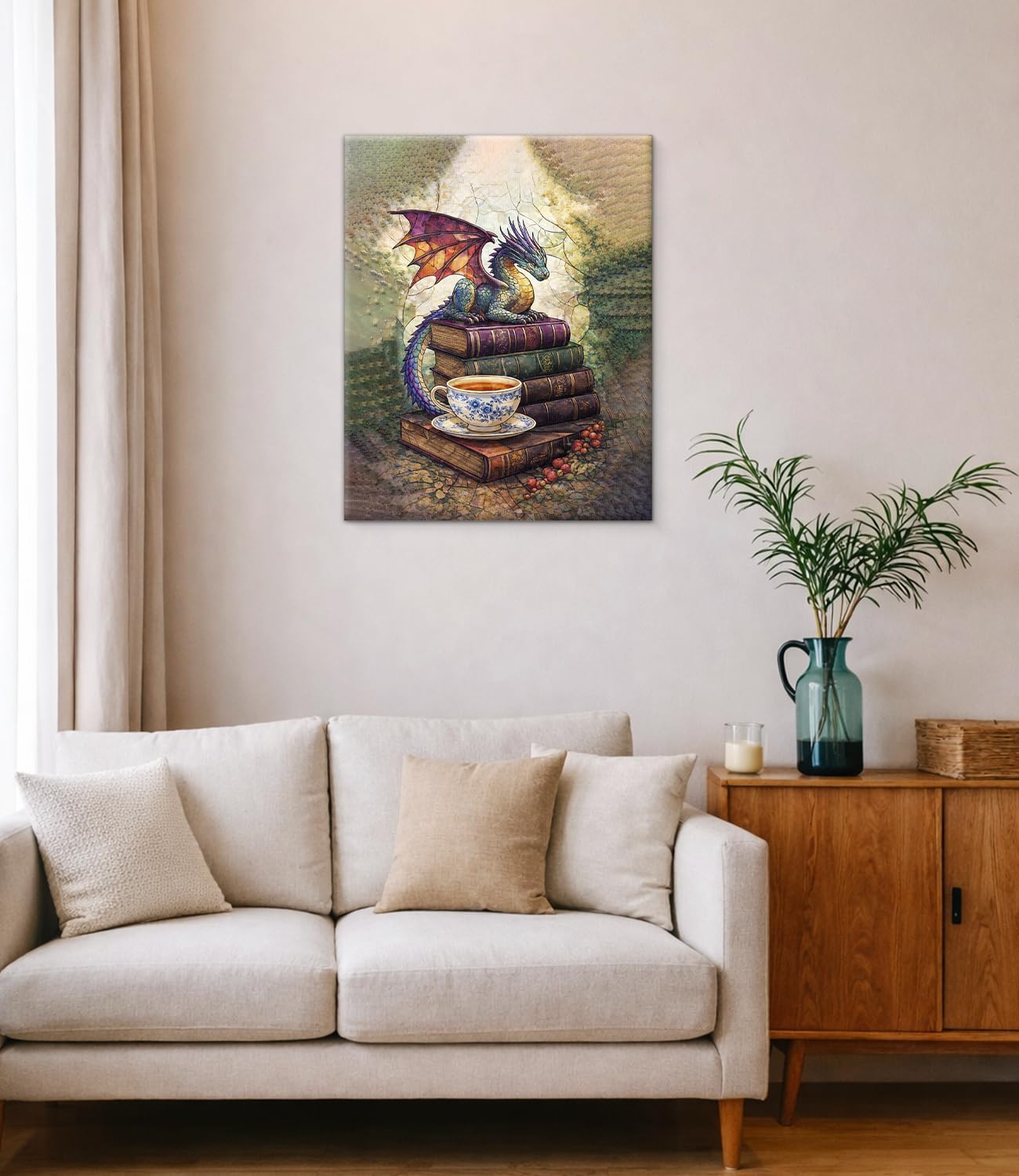 Vintage Dragon Books Wall Art Print - Bookish Dragon Canvas Poster Painting - Book Lover Gifts Wall Decor for Home Reading Nook Library 8x10 Inch Framed