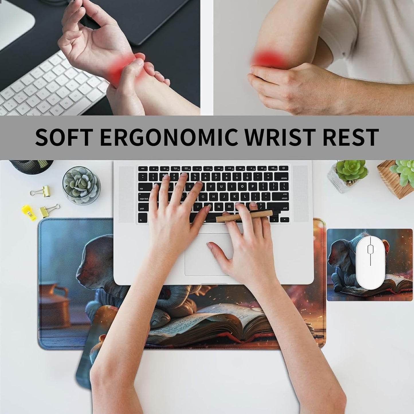 Desk Mat + Mouse Pad + Mouse Wrist Rest,3 PCS Set Ergonomic Memory Foam Mouse Wrist Rest with Durable Anti-Slip Rubber Base for Office,Home & Easy Typing Pain Relief,Reading Elephant
