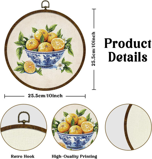 Vintage Lemon Round Wall Art, Retro Fruit Canvas Print Still Life Art Kitchen,Country Neutual Circular Wall Hanging Framed Decor for Farmhouse,Living Room, Kitchen Neutral Retro Artwork 10x10in (Yellow-Lemon)