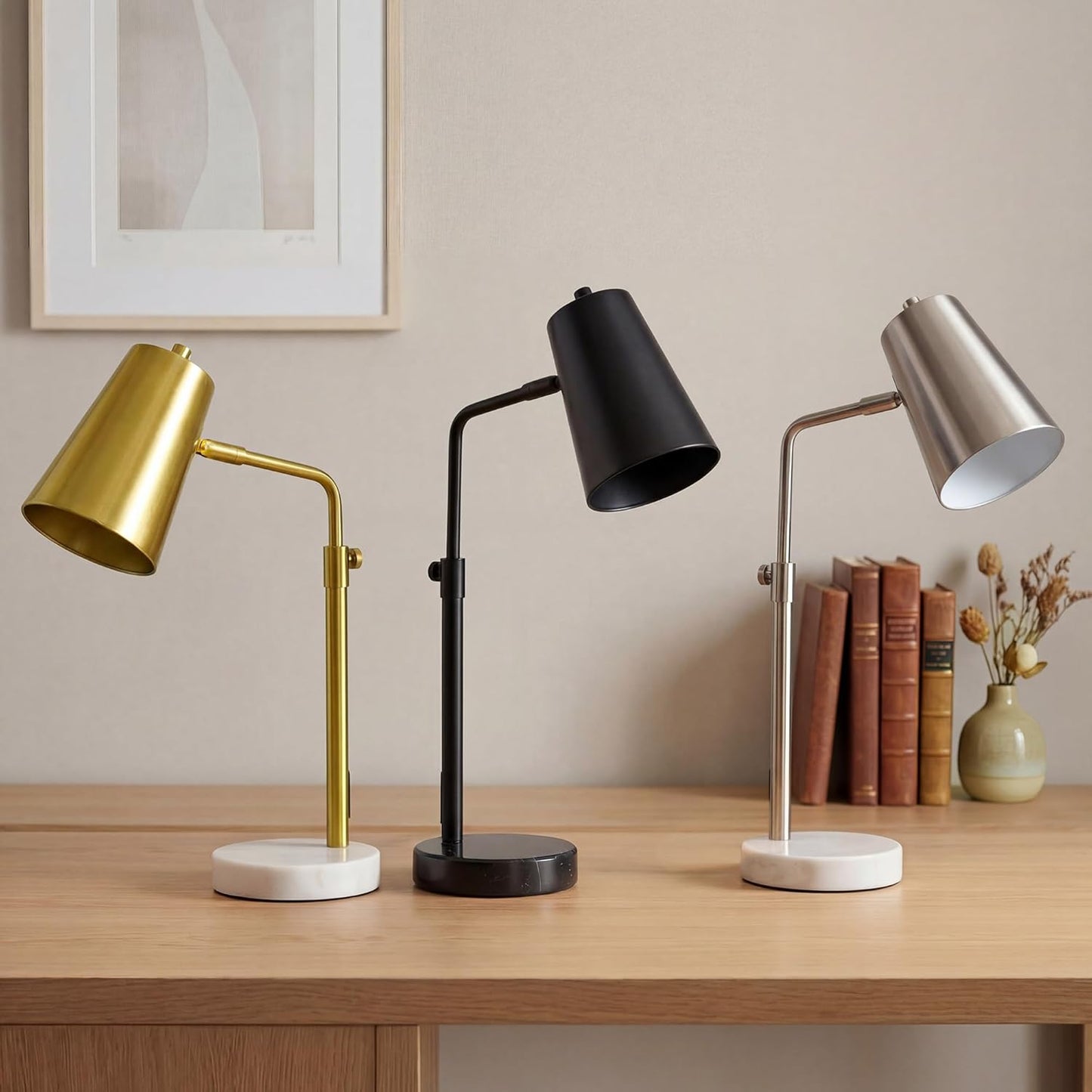 VONLUCE Gold Desk Lamp with LED Bulb Adjustable, Antique Brass Metal Table Lamp Marble Base, Mid Century Modern Reading Lamp Office, 20’’ Industrial Task Lamp Work Lamp for Reading Bedroom