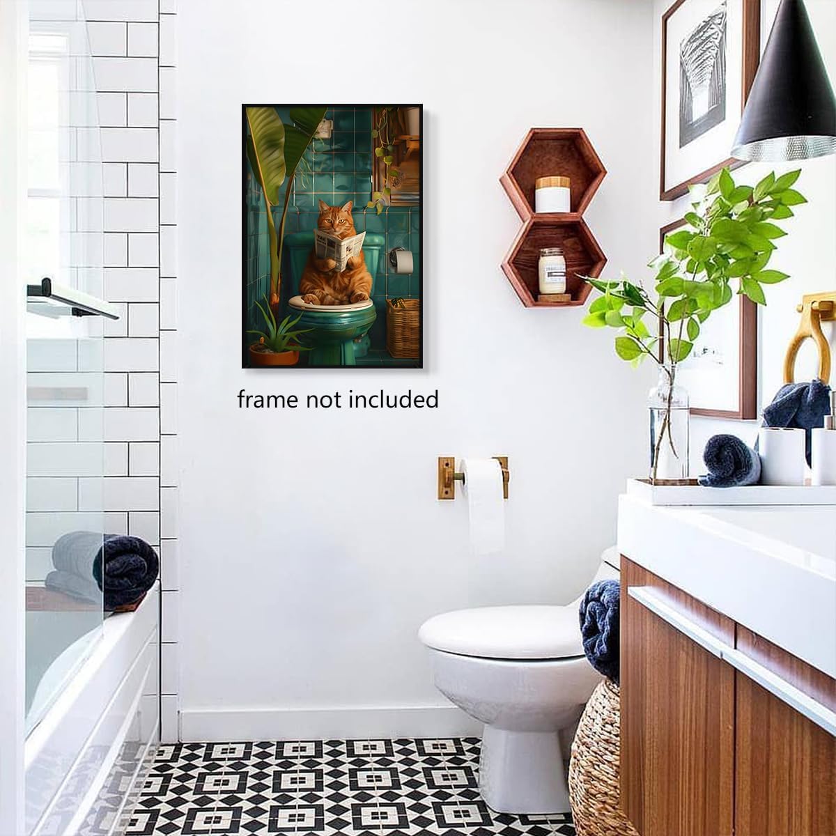 Funny Cat Reading Newspaper on Toilet Canvas Wall Art - Cute Pooping Bathroom Poster Print - Animal Decor 12x16in Unframed