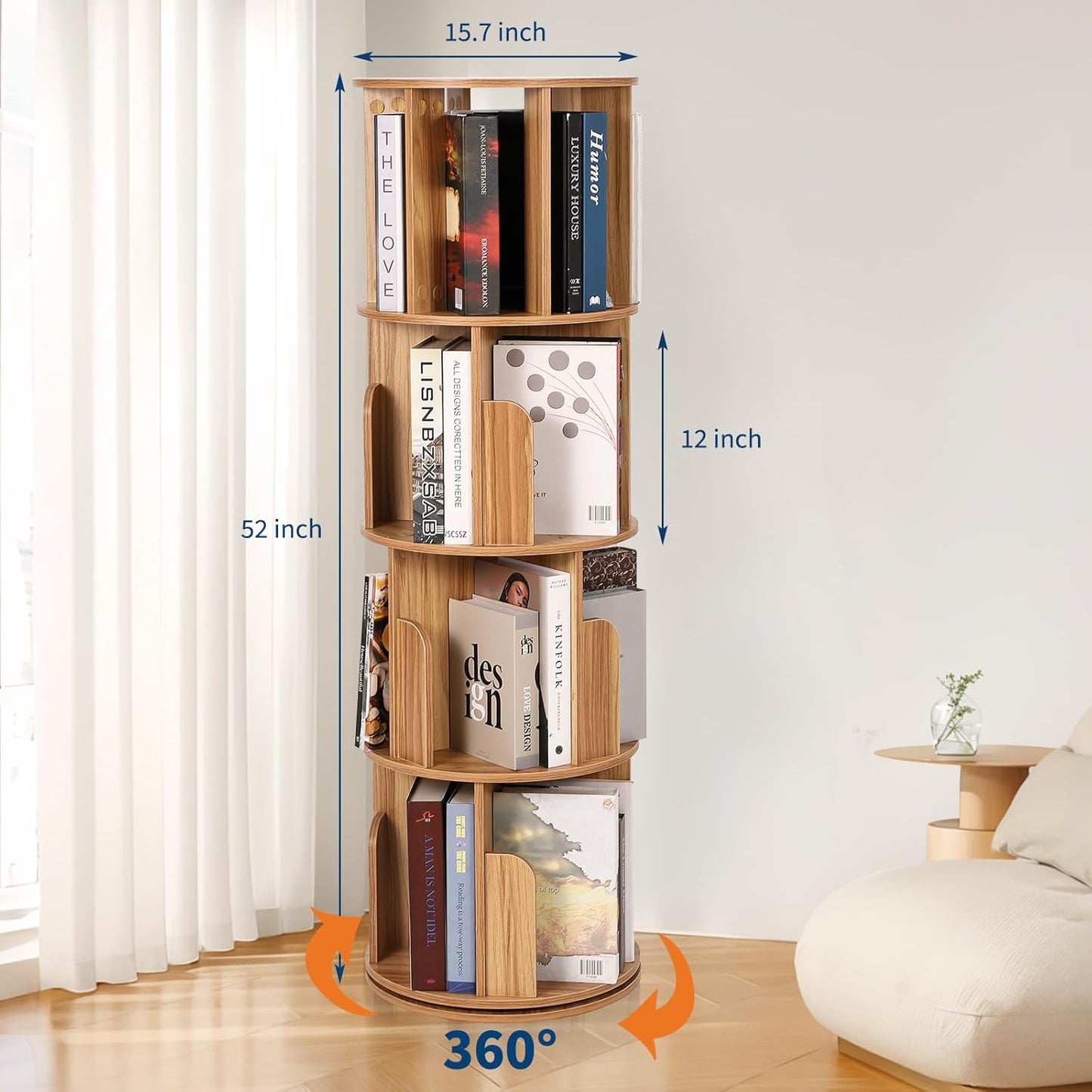 4 Tier Rotating Bookshelf, Compact Corner Bookcase for Small Spaces 360° Display Wood Spinning Storage Organizer for Bedroom, Living Room, and Kids' Rooms Wood