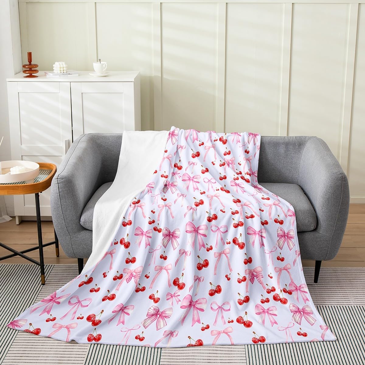 Feelyou Bow Cherry Plush Throw Blanket, Queen 90"x90" Watercolor Bow All Season,Bed Blanket for Sofa Couch Girls Teens Bedroom Decor Blue Cute Bowknot Flannel Fleece Blanket Women Men Fruit