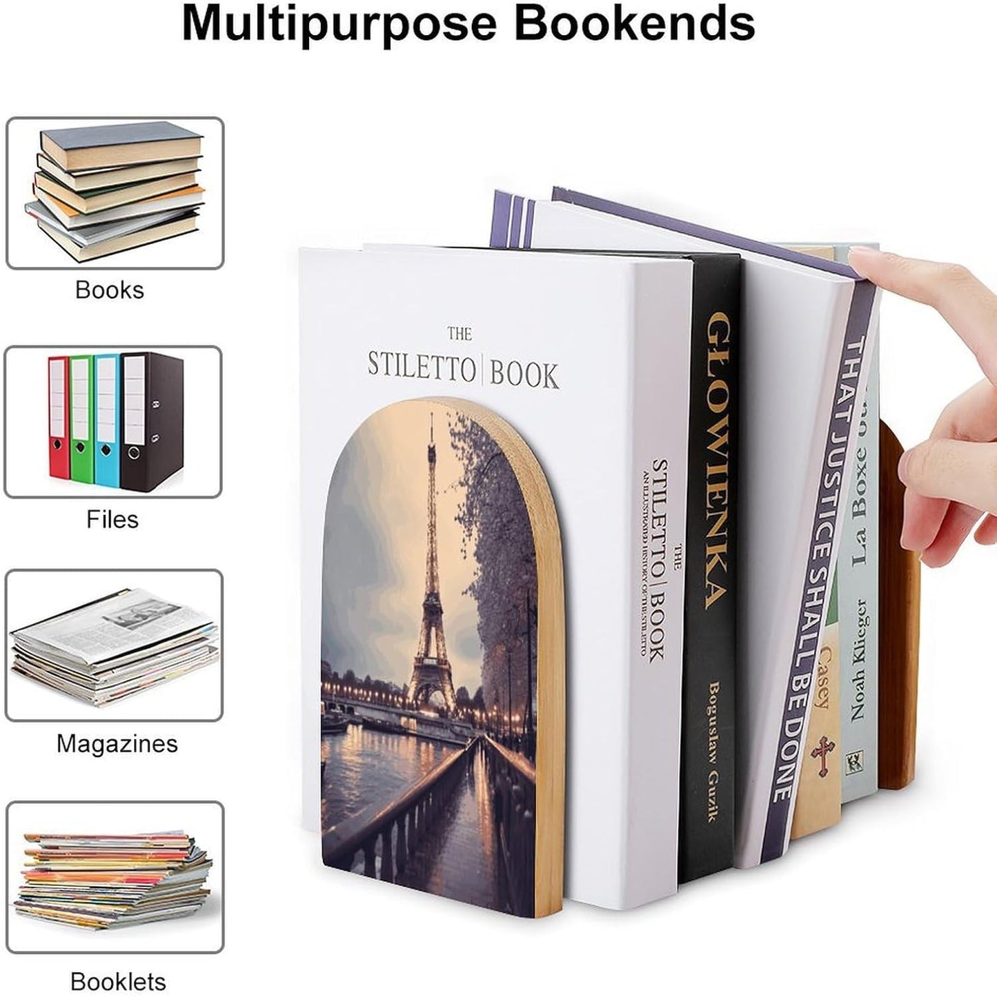 Eiffel Tower Winter Rainy Bookend for Shelves Wooden Book End Large Size Sturdy Book Holders Stoppers with Metal Base for Bookshelves Slick Decorative Bookends Stands