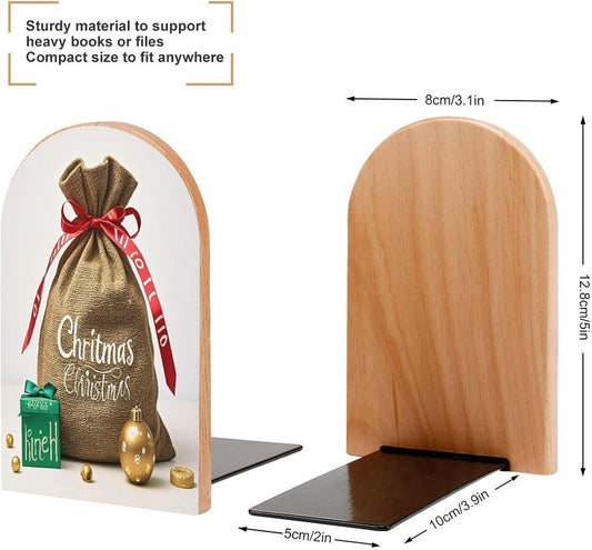 Christmas Sack Present Bookends 1 Pair Heavy Duty Book Ends for Shelves Non-Skid Bookend Supports Wooden Book Holders with Metal Base Desk Organizers Books Storage to Hold Books