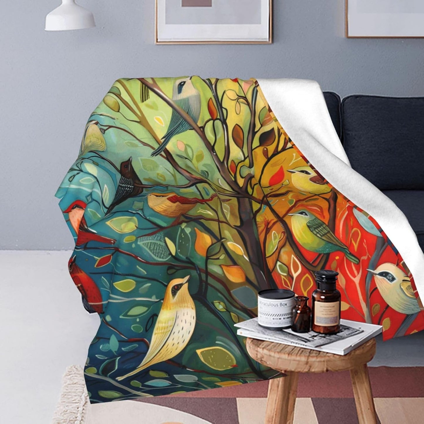 Colorful Bird Tree Blanket Bird Tree Decor Animal Throw Blanket Gifts for Girls Boys Super Warm Soft Plush Lightweight Fleece Flannel Winter Bedding Blankets for Kids Adult Women Men 50"X40"