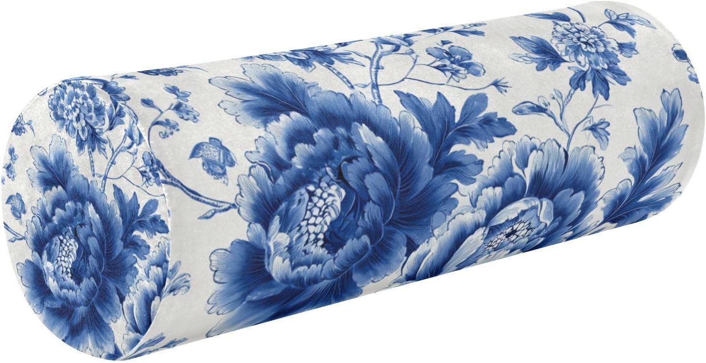 Blue and White Peony Flowers Butterfly Neck Roll Pillow Bolster Round Health Memory Foam Long Cervical Cylinder Pillows with Removable Washable Cover for Body Bed Legs Back Yoga