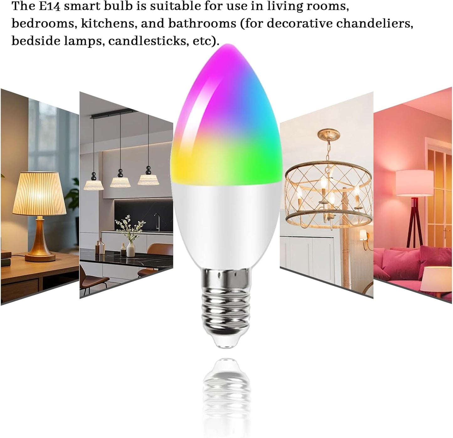4 Sets E14 5W RGBCC Smart Light Bulbs with Adjustable Color Temperature Compatible with Alexan Google Assistant, 14MM Small Base Candle Light Suitable for Parties or Home Decoration