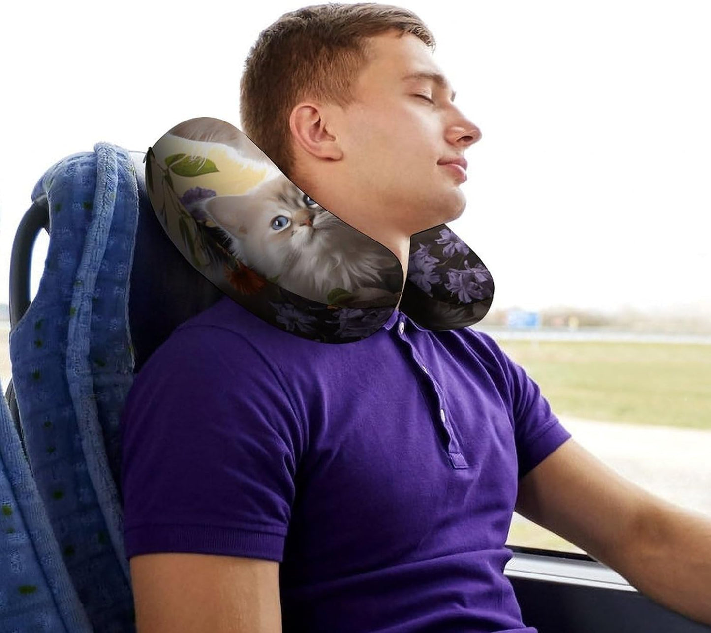 Cat Flowers Neck Pillow Memory Foam U Shaped Pillows Portable Pillows for Shoulder Travel Head Support Pillow with Concealed Zipper for Airplane Car Home Office