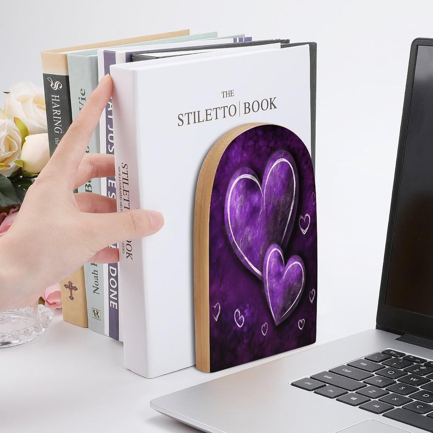 Purple Hearts Bookend for Shelves Wooden Book End Large Size Sturdy Book Holders Stoppers with Metal Base for Bookshelves Slick Decorative Bookends Stands