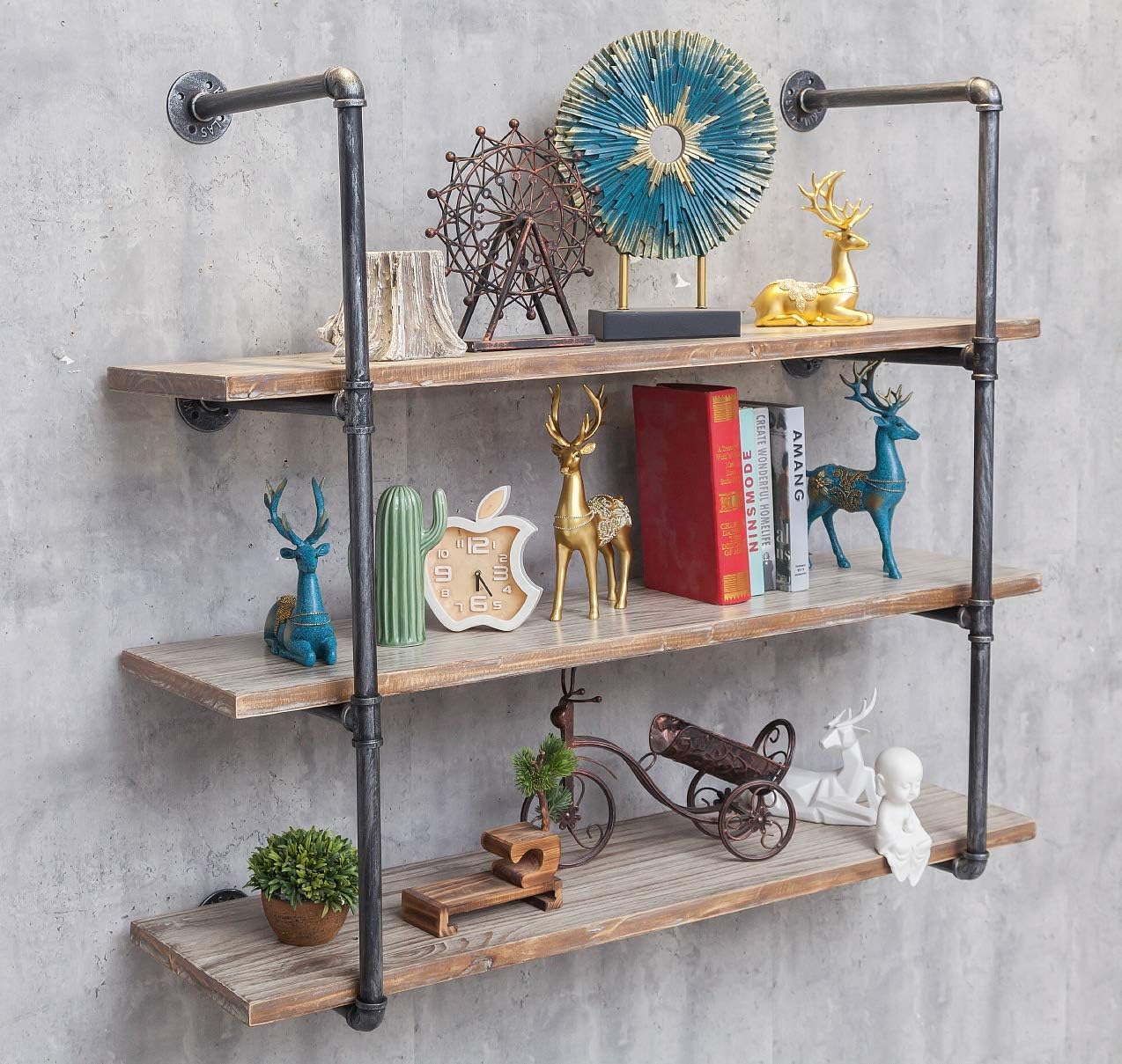 Industrial Wall Mounted Iron Floating Pipe Shelves/Shelving/Racks/Storage/Bookcases/Brackets, DIY Open Bookshelves/Shelving for Kitchen/Office, Retro Black,(4-Tier Shelf Brackets,Not Include Planks)