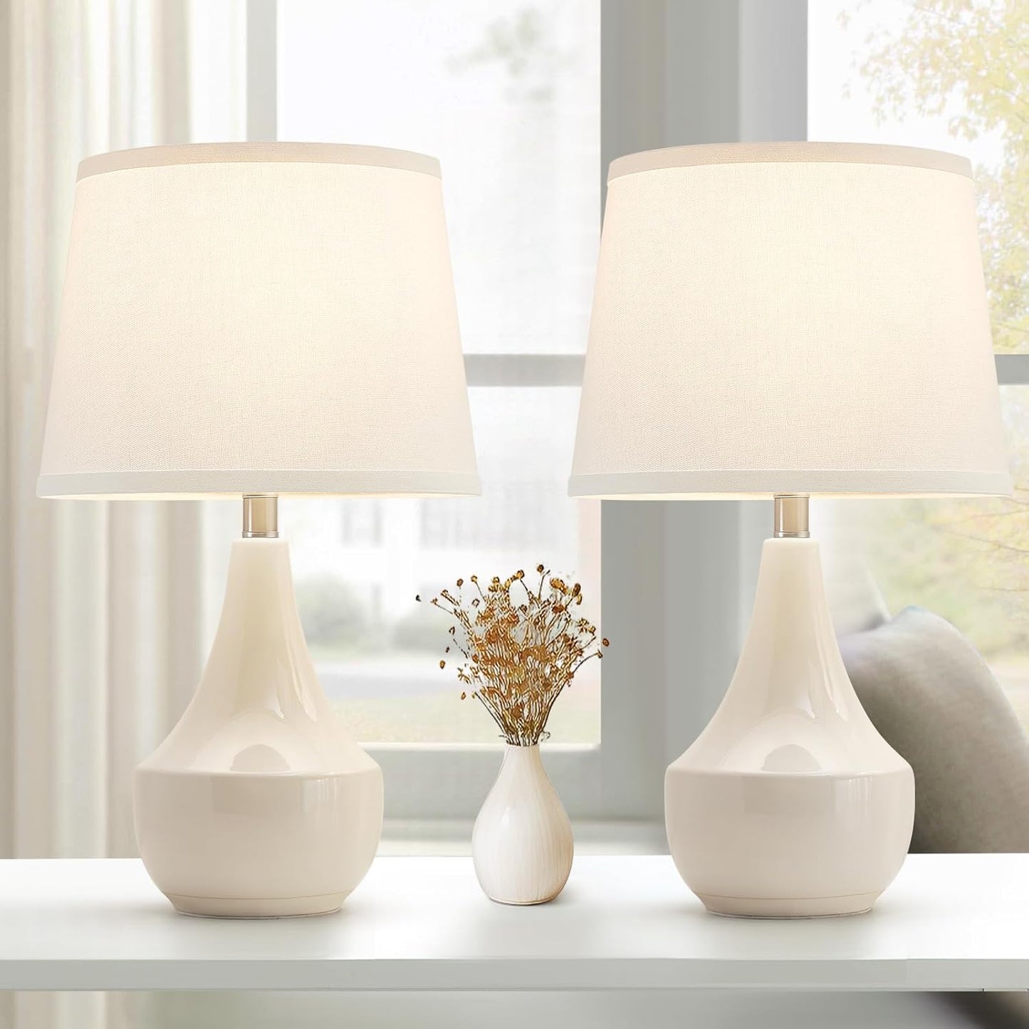 GyroVu 18" Table Lamp Set of 2, Ceramic Table Lamp Classic Beside Lamps Nightstand Lamp Modern Lamp for Living Room, Bedroom & Office Rocker Swtich Cream-LED Bulbs Included