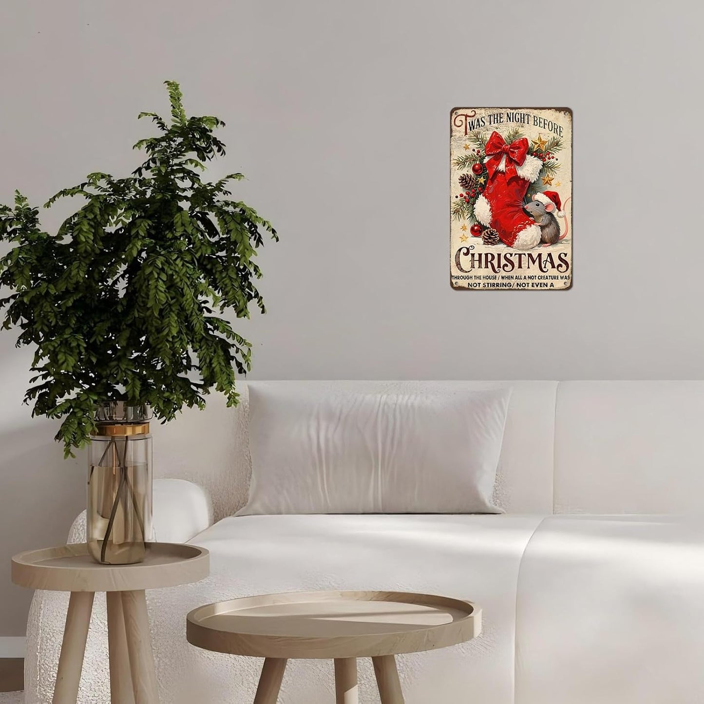 Vintage Twas The Night Before Christmas Stocking Mouse Tin Sign Storybook Decor for Children's Reading Nooks Enchanted Bedtime Corners 12 * 8inch