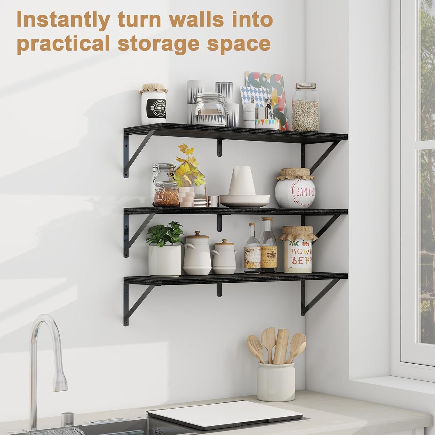 Fun Memories Floating Shelves, 32 x 8 Inches, Set of 3 Wall-Mounted Bookshelves with Metal Brackets, Decorative Storage for Home and Office (Black)